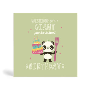 150mm square eco-friendly, tree free, green background wishing you a Giant Pandalicious Birthday greeting with Panda holding a giant birthday cake and a giant fork with purple stars.