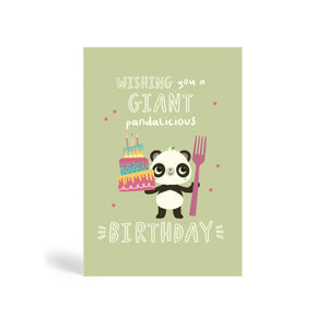 A6 eco-friendly, tree free, green background wishing you a Giant Pandalicious Birthday greeting with Panda holding a giant birthday cake and a giant fork with purple stars.