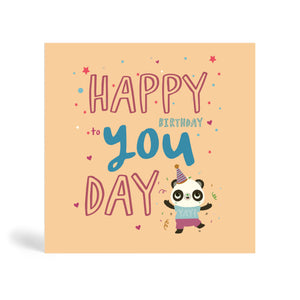 Rose pink background 150mm square eco-friendly, tree free, Happy Birthday To You Day greeting card with Panda wearing a party hat and celebrating the special day with confetti stars, circle and heart shape.