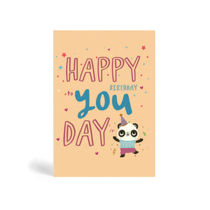 Rose pink background A6 eco-friendly, tree free, Happy Birthday To You Day greeting card with Panda wearing a party hat and celebrating the special day with confetti stars, circle and heart shape.