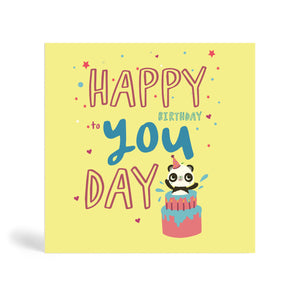 Yellow background 150mm square eco-friendly, tree free, Happy Birthday To You Day greeting card with Panda wearing a party hat and celebrating the special day with confetti stars, circle and heart shape.