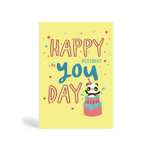 Yellow background A6 eco-friendly, tree free, Happy Birthday To You Day greeting card with Panda wearing a party hat and celebrating the special day with confetti stars, circle and heart shape.