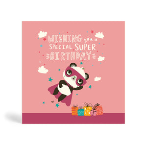 150mm square Purple eco-friendly, tree free, Special Super Birthday greeting card with Panda wearing a superhero costume and flying to save the day and presents on the ground. The cards say, wishing you a special super birthday.