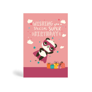 A6 Purple eco-friendly, tree free, Special Super Birthday greeting card with Panda wearing a superhero costume and flying to save the day and presents on the ground. The cards say, wishing you a special super birthday.