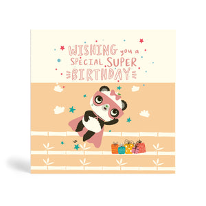 150mm square Cream and Pink eco-friendly, tree free, Special Super Birthday greeting card with Panda wearing a superhero costume and flying to save the day and presents on the ground. The cards say, wishing you a special super birthday.