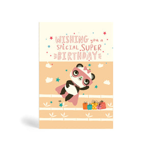 A6 Cream and Pink eco-friendly, tree free, Special Super Birthday greeting card with Panda wearing a superhero costume and flying to save the day and presents on the ground. The cards say, wishing you a special super birthday.