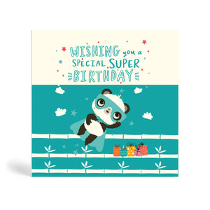 150mm square Blue/Teal eco-friendly, tree free, Special Super Birthday greeting card with Panda wearing a superhero costume and flying to save the day and presents on the ground. The cards say, wishing you a special super birthday.