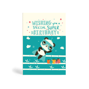 A6 Blue/Teal eco-friendly, tree free, Special Super Birthday greeting card with Panda wearing a superhero costume and flying to save the day and presents on the ground. The cards say, wishing you a special super birthday.