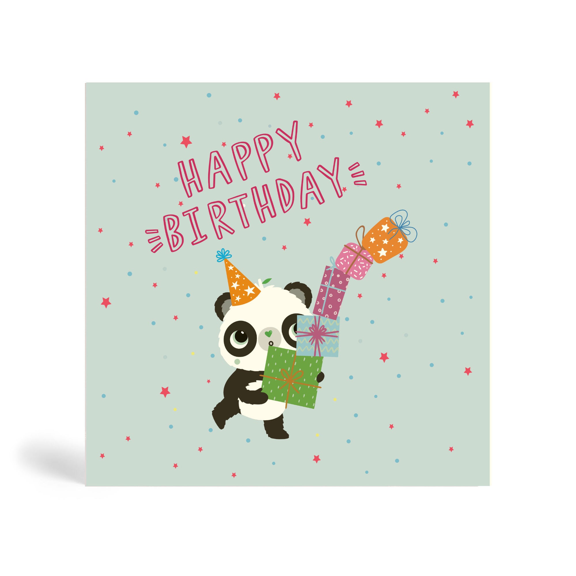 Blue 150mm square eco-friendly, tree free, happy birthday greeting card showing Panda wearing a party hat carrying piles of presents about to fall over with colourful stars in the background. The card says, Happy Birthday.