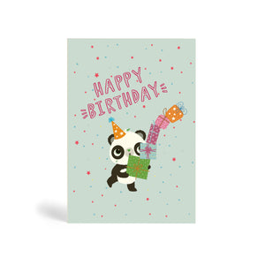 Blue A6 eco-friendly, tree free, happy birthday greeting card showing Panda wearing a party hat carrying piles of presents about to fall over with colourful stars in the background. The card says, Happy Birthday.