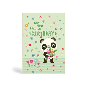 A6 green eco-friendly, tree free, For your special Birthday greeting card with Panda holding a bunch of flowers and surrounded by floating flowers in the background.