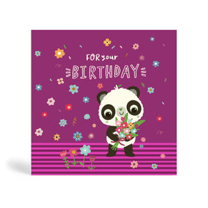 150mm square purple eco-friendly, tree free, For your special Birthday greeting card with Panda holding a bunch of flowers and surrounded by floating flowers in the background.