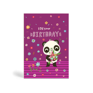 A6 purple eco-friendly, tree free, For your special Birthday greeting card with Panda holding a bunch of flowers and surrounded by floating flowers in the background.