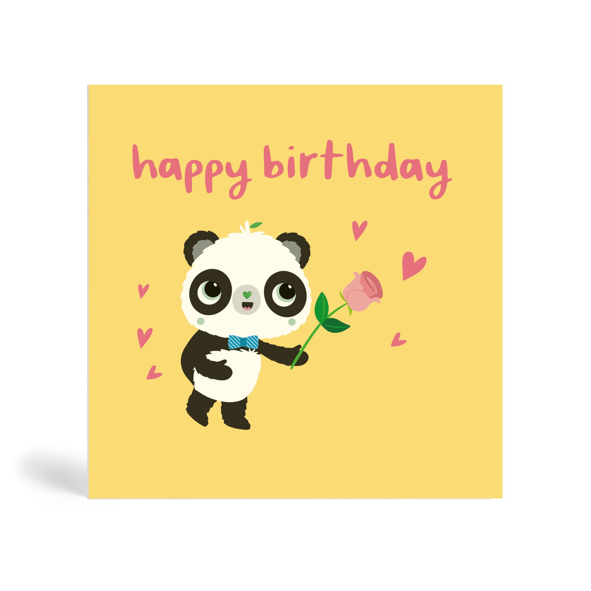 150mm square eco-friendly, tree free, Pink Happy Birthday greeting card in cream background with Panda wearing a bow tie and holding a pink rose surrounded by pink heart shapes.