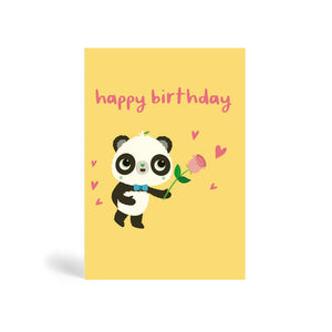 A6 eco-friendly, tree free, Pink Happy Birthday greeting card in cream background with Panda wearing a bow tie and holding a pink rose surrounded by pink heart shapes.