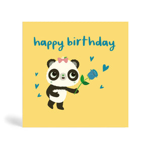 150mm square eco-friendly, tree free, Blue Happy Birthday greeting card in cream background with Panda wearing a bow on head and holding a blue rose surrounded by blue heart shapes.