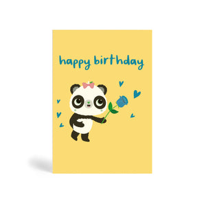 A6 eco-friendly, tree free, Blue Happy Birthday greeting card in cream background with Panda wearing a bow on head and holding a blue rose surrounded by blue heart shapes.