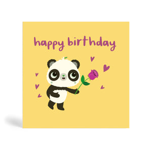 150mm square eco-friendly, tree free, Purple Happy Birthday greeting card in cream background with Panda holding a purple rose surrounded by purple heart shapes.