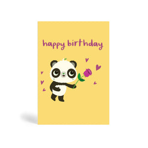 A6 eco-friendly, tree free, Purple Happy Birthday greeting card in cream background with Panda holding a purple rose surrounded by purple heart shapes.