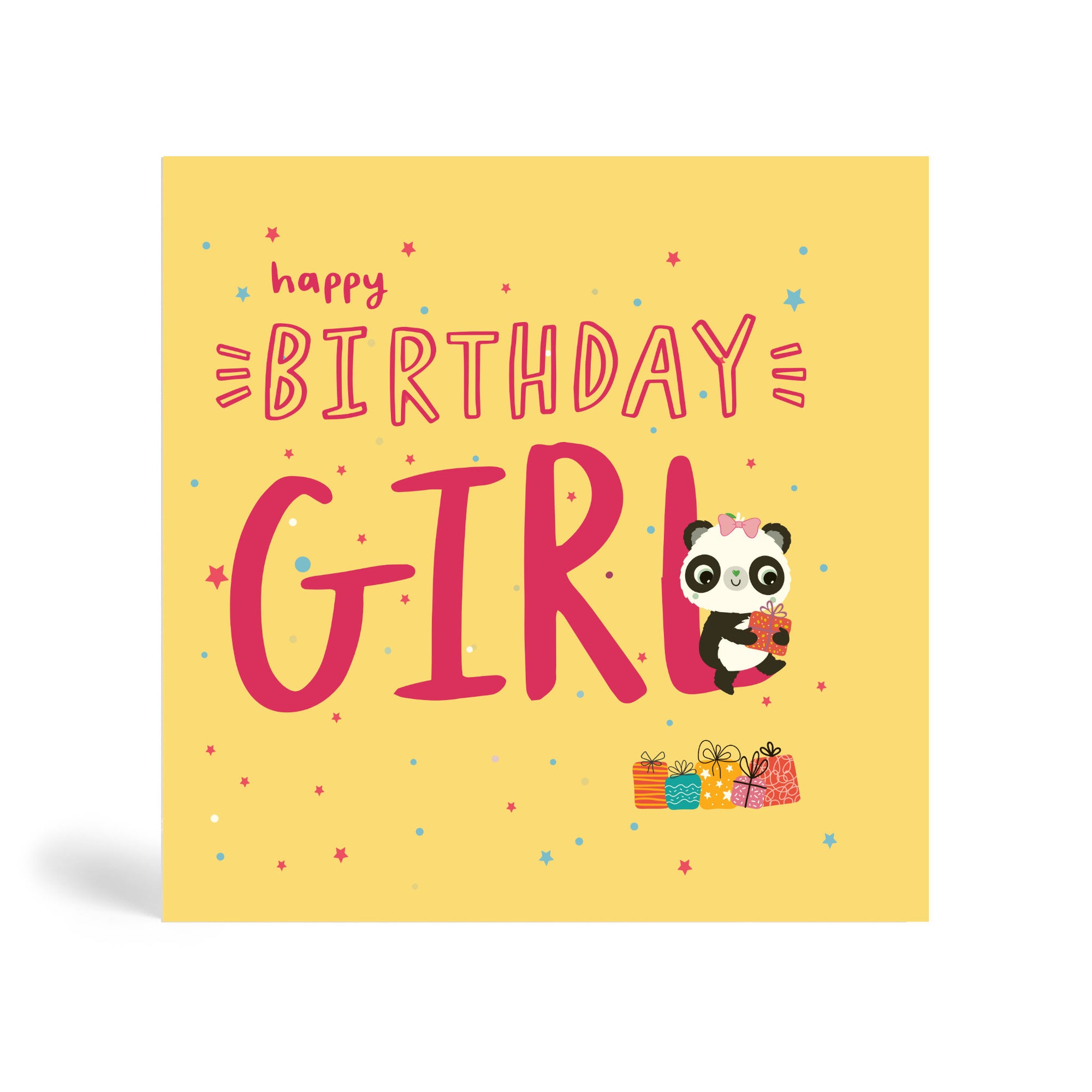 150mm square Pink eco-friendly, tree free, Happy Birthday Girl greeting card in cream background with Panda wearing a bow on head, sitting on the L letter and holding a present, with more present lying below.