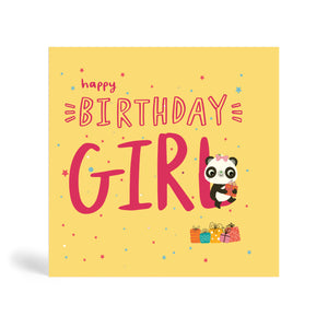 150mm square Pink eco-friendly, tree free, Happy Birthday Girl greeting card in cream background with Panda wearing a bow on head, sitting on the L letter and holding a present, with more present lying below.