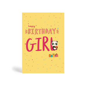 A6 Pink eco-friendly, tree free, Happy Birthday Girl greeting card in cream background with Panda wearing a bow on head, sitting on the L letter and holding a present, with more present lying below.