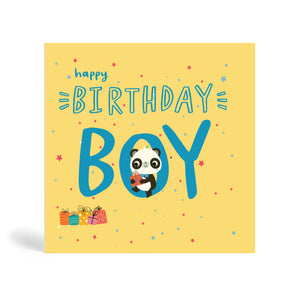 150mm square Blue eco-friendly, tree free, Happy Birthday Boy greeting card in cream background with Panda wearing a bow tie, sitting on the O letter and holding a present, with more present lying below.