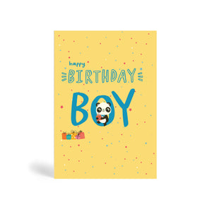 A6 Blue eco-friendly, tree free, Happy Birthday Boy greeting card in cream background with Panda wearing a bow tie, sitting on the O letter and holding a present, with more present lying below.