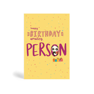 A6 Purple eco-friendly, tree free, Happy Birthday Person greeting card in cream background with Panda sitting on the O letter and holding a present, with more present lying below.