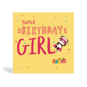 150mm square Pink eco-friendly, tree free, Super Birthday Girl greeting card in cream background and confetti with Panda wearing a superhero costume with bow on her head and flying to save the day and presents lying on the ground. The card says super birthday girl.