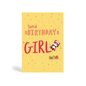 A6 Pink eco-friendly, tree free, Super Birthday Girl greeting card in cream background and confetti with Panda wearing a superhero costume with bow on her head and flying to save the day and presents lying on the ground. The card says super birthday girl.