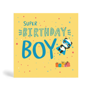 150mm square blue eco-friendly, tree free, Super Birthday Girl greeting card in cream background and confetti with Panda wearing a superhero costume with bow on her head and flying to save the day and presents lying on the ground. The card says super birthday boy.