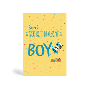 A6 blue eco-friendly, tree free, Super Birthday Girl greeting card in cream background and confetti with Panda wearing a superhero costume with bow on her head and flying to save the day and presents lying on the ground. The card says super birthday boy.