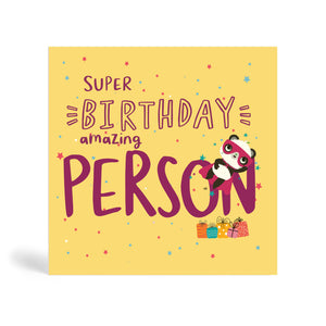 150mm square purple eco-friendly, tree free, Super Birthday Girl greeting card in cream background and confetti with Panda wearing a superhero costume with bow on her head and flying to save the day and presents lying on the ground. The card says super birthday amazing person.