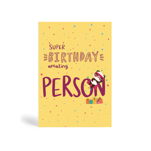A6 purple eco-friendly, tree free, Super Birthday Girl greeting card in cream background and confetti with Panda wearing a superhero costume with bow on her head and flying to save the day and presents lying on the ground. The card says super birthday amazing person.