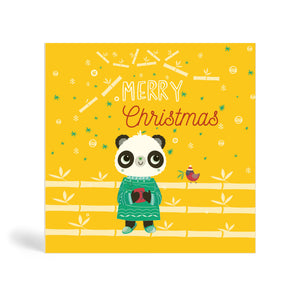 150mm Square Eco Friendly Holiday Cards saying Merry Christmas on a yellow background wtih panda in a green jumper and robin on a bamboo shelf.