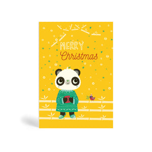 A6 Eco Friendly Holiday Cards saying Merry Christmas on a yellow background wtih panda in a green jumper and robin on a bamboo shelf.