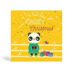 150mm Square Eco Friendly Holiday Cards saying Merry Christmas on a yellow background wtih panda in a green jumper and robin on a bamboo shelf and Christmas presents.