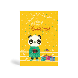 A6 Eco Friendly Holiday Cards saying Merry Christmas on a yellow background wtih panda in a green jumper and robin on a bamboo shelf and Christmas presents.
