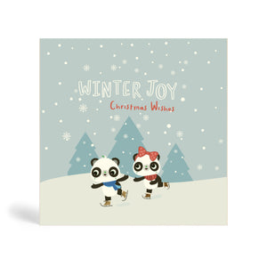 Light blue 150mm Square Eco-Friendly, recyclable, biodegradable, green, tree-free Winter joy, Christmas Wishes - Skating on Lake greeting card, with snowflakes and mountains in the background. 