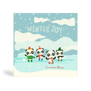 Light blue 150mm Square Eco-Friendly, biodegradable, recyclable, green, tree-free Winter joy, Christmas Wishes – with four Panda singing Christmas carol with snowflakes, with clouds and snowflakes in the background. 