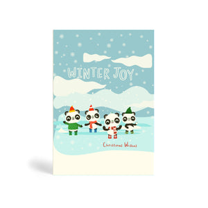 Light blue A6 Eco-Friendly, biodegradable, recyclable, green, tree-free Winter joy, Christmas Wishes – with four Panda singing Christmas carol with snowflakes, with clouds and snowflakes in the background. 