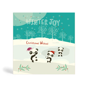 Light blue 150mm Square Eco-Friendly, biodegradable, recyclable, green, tree-free Winter joy, Christmas Wishes – with three Pandas having a playful snowball fight with snow and trees in the background. Cute eco-friendly Christmas card. 