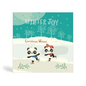 Light blue 150mm Square Eco-Friendly, recyclable, biodegradable, green, tree-free Winter joy, Christmas Wishes – two Pandas Skating on Lake greeting card, with snowflakes and trees in the background.