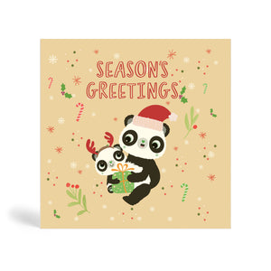 Cream 150mm Square Season’s Greetings Eco Christmas Card made from bamboo and cotton linter with snowflakes, candy cane and mistletoe in the background and image of a Panda mother wearing Santa hat and hugging a baby Panda with antler holding Christmas present.