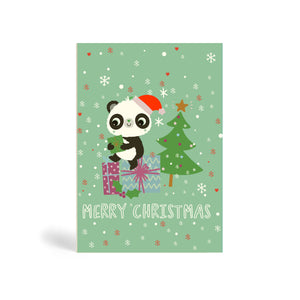 Square merry Christmas card with a panda opening a card with gifts and tree on a teal background.