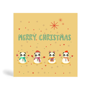 150mm Square Merry Christmas Bamboo Christmas Cards with four panda snowman friends.