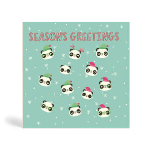 12 Pandas wishing you season's greetings against a blue backdrop with snowflakes.