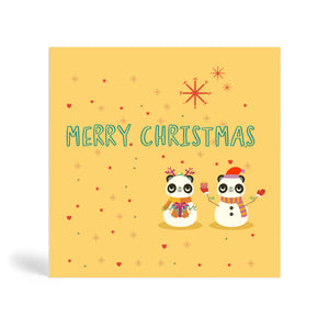 Cream 150mm Square Eco-Friendly , recyclable, biodegradable, green, tree-free, Two Joyful Panda Snowmen Christmas greeting card | Eco Christmas Cards UK.