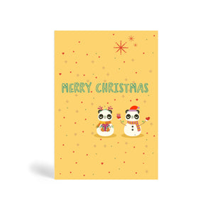 Cream A6 Eco-Friendly , recyclable, biodegradable, green, tree-free, Two Joyful Panda Snowmen Christmas greeting card | Eco Christmas Cards UK.